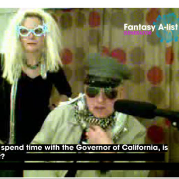 two people dressed up in costume with the logo for Fantasy A-List in the right hand corner and a question on a ticker below 'You also spend time with the Governor of California, is th