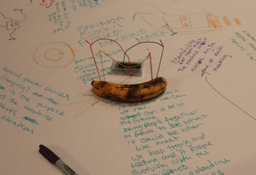 A banana wired to a clock with notes on paper and a pen