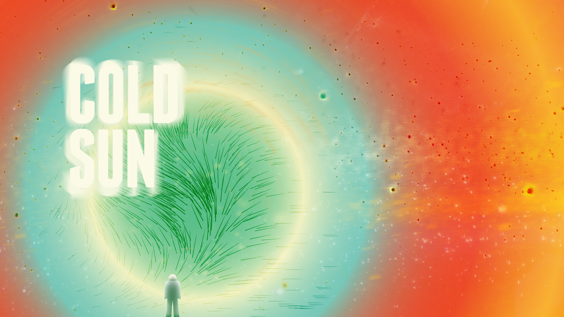 A graphic image of a small figure in front of a large green circle with a plant inside, inside a larger pale yellow circle, a larger pale blue circle, a larger red, and orange circles. The words 'Cold Sun' are in front of the circles