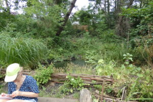 woman in a cap sitting by a pond