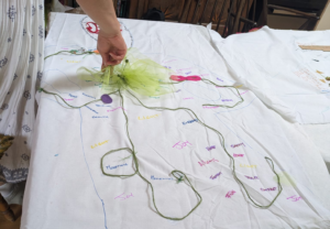 hand pointing to embroidery and textile map