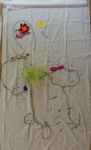 a drawing on cloth of a body with words and embroidery on it