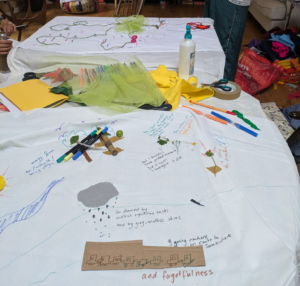 two tables with materials, pens and cloth with drawings of a body with words and embroidery on it