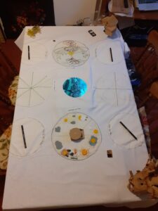 A view of the tablecloth from above whilst in development - 4 circular panels embroidered and 4 empty circular panels with writing on and pens. In the centre is a circular screen showing an image of a cherry tree. On 3 corners are 3 robots - the dancing house robot, the tree robot and the dog robot