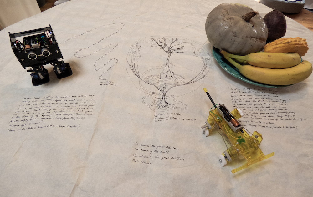drawings and writings on the tablecloth, bananas and squash and two robots